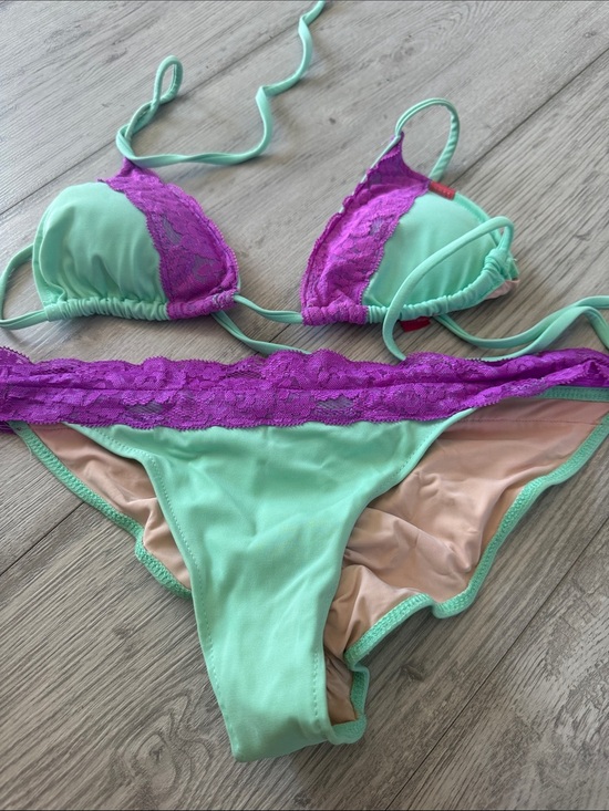 None Other - Mint Green Triangle Bikini Top with Purple Lace Accents